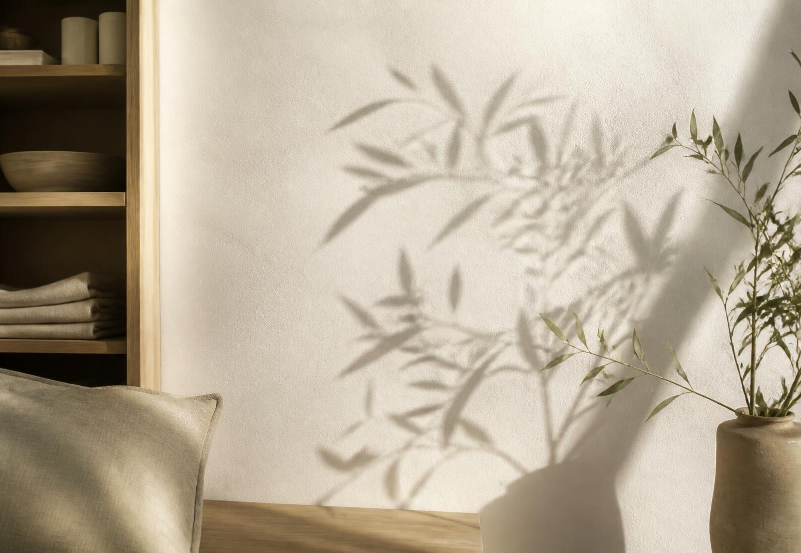 Calm, light-filled room with soft linen and olive branch shadows